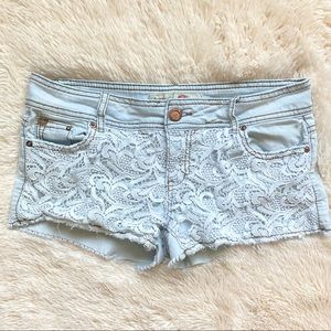 1st Kiss Light Wash Denim Shorts with Lace Overlay